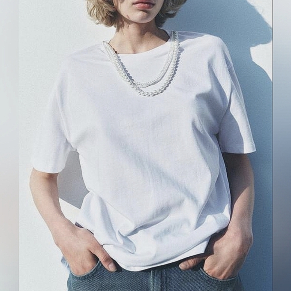 Zara Pearls Oversized White T-Shirt With Pearls Size Large L